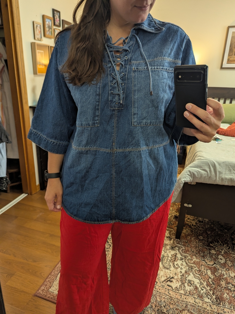 Denim Lace-front Tunic Top